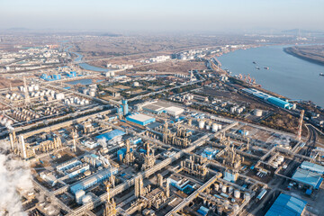 Aerial view of twilight of oil refinery 