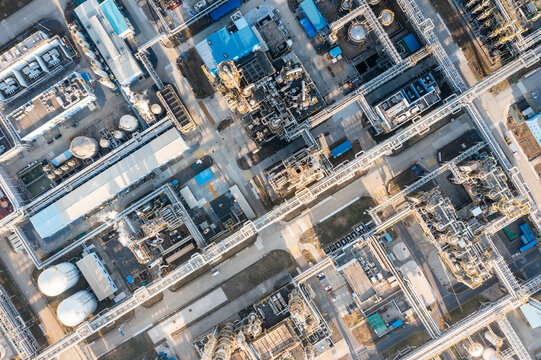 Aerial view of twilight of oil refinery 