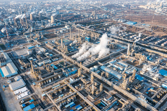 Aerial view of twilight of oil refinery 