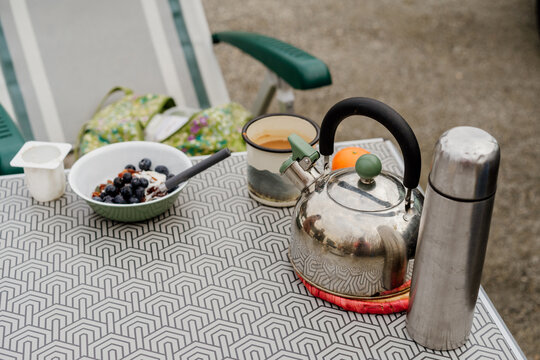 Camper breakfast on table