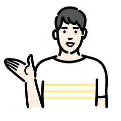 笑顔で手をあげて紹介をしている若い男性のバストアップ