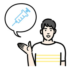 予防接種、ワクチンの説明をしている若い男性のバストアップ