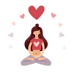 A young woman sits in a lotus position and meditation with love. Happy Valentine's Day. Female smile. Love is in the air.