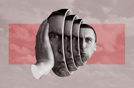 Digital collage with head of a young man