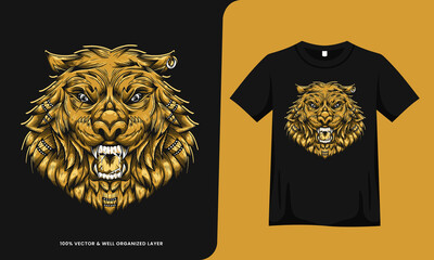 Roaring lion face with tshirt design template vector illustration