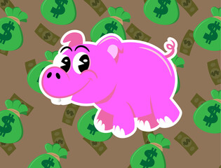 Cartoon illustration of piggy bank with money rain background, best for any content about savings themes for kids