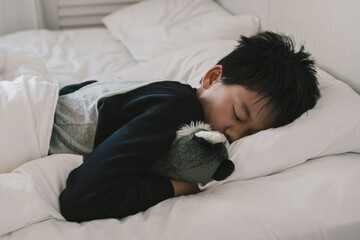 Young mixed race Asian preteen boy sleeping in bed with his  soft toy, good night sleep, bedtime...