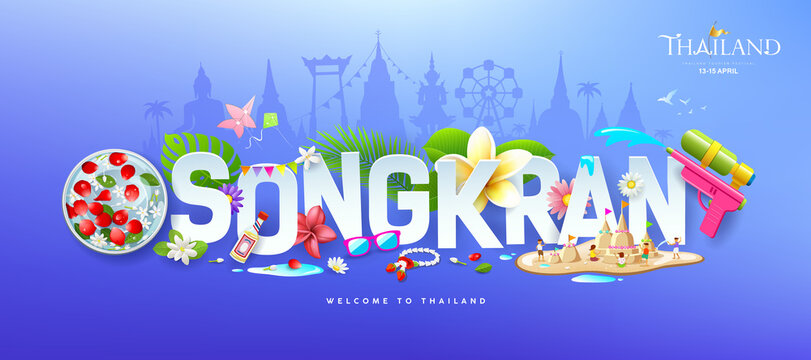 Songkran white message paper cut, thailand water festival fun banners design on thai building landmarks blue background, Eps 10 vector illustration