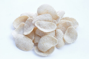 Prawn crackers on white background. Shrimp crispy rice snack
