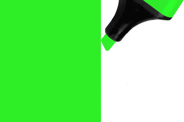 Bright electric fluorescent neon green felt tip pen marker highlighter painting large horizontal UFO background, isolated vertical blank empty copy space macro closeup - 486631417