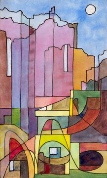 A semi-abstract painting of waterfront buildings Capri.