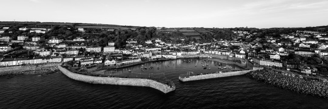 Mousehole Fishing Village Harbour Aerial black and white