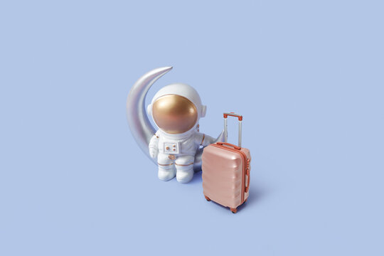 Astronaut sitting on crescent moon with suitcase
