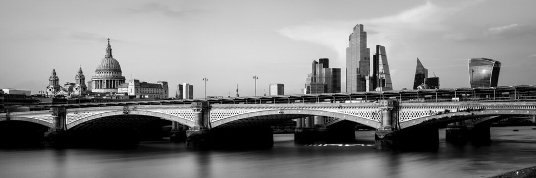 Blackfriars Bridge and the London City Skyline Black and White