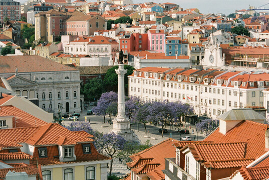 View of Rossio Square in Lisbon in spring