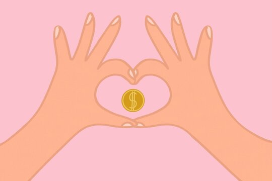 Heart shaped hands with money coin