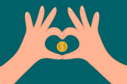 Heart shaped hands with money coin