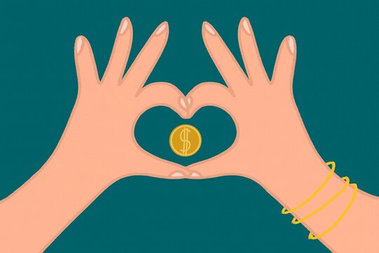 Heart shaped hands with money coin