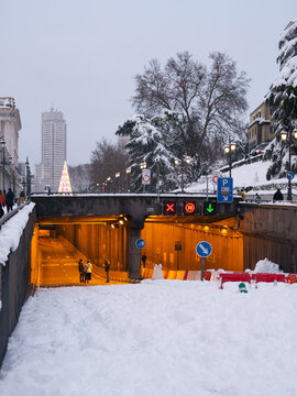 Urban road obstructed by snow accumulation
