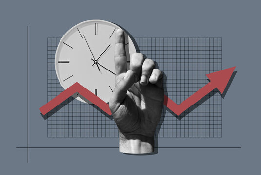 Red Growth Chart, Hand With Index Finger And Clock - Powered by Adobe