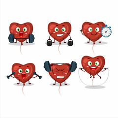 A healthy red love balloon cartoon style trying some tools on Fitness center