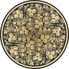 Vector round golden Russian national ornament Khokhloma. Fruit and berry ethnic, Slavic drawing of Russia.
