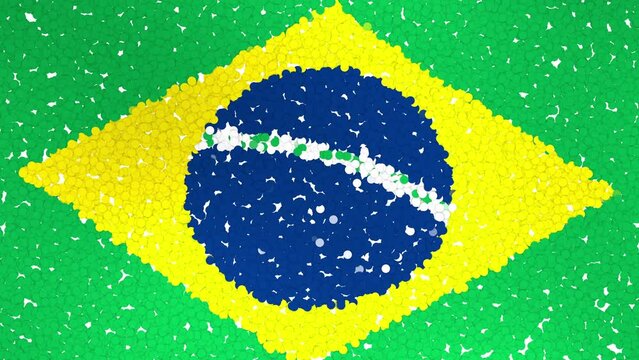 3d animated national flag of Brazil, animation consist of many colorful twinkling small particles. Close up 4k resolution video.