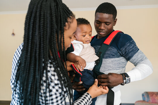 Black parents fastening carrier with baby