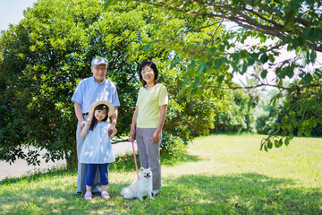 Obraz premium 祖父母と外で遊ぶ小さな女の子