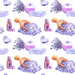 Seamless background with a bottle of lavender oil, soap, sea salt for a bath, a bouquet of lavender. Watercolor illustration for aromatherapy