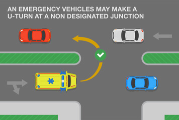 Traffic regulating rules and tips. Safety car driving. An emergency vehicles may make a u-turn at a non designated junction. Flat vector illustration template.