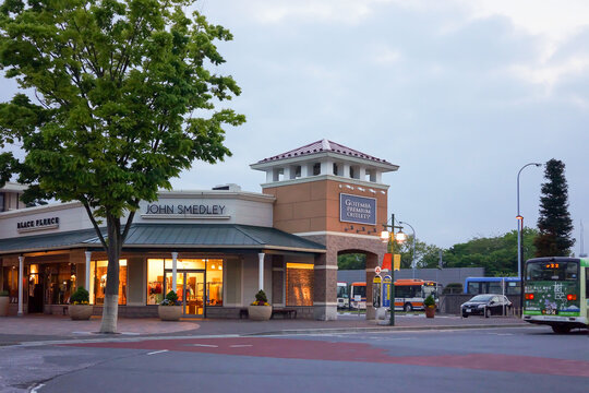 View of Gotemba Premium Outlets in Shizuoka Prefecture with clouds in blue sky background. No people.