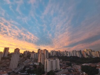 Beautiful sunrise, blue cloudy sky at downtown Sao Paulo