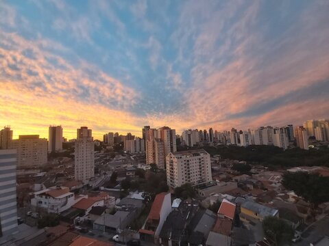 Beautiful sunrise, blue cloudy sky at downtown Sao Paulo