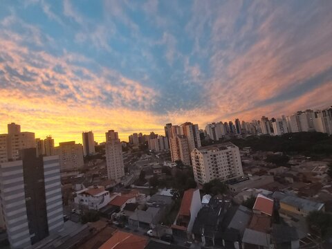 Beautiful sunrise, blue cloudy sky at downtown Sao Paulo