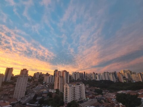 Beautiful sunrise, blue cloudy sky at downtown Sao Paulo