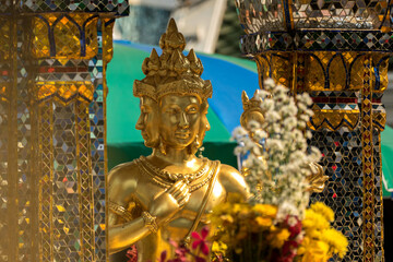 The Erawan Shrine, is one of most popular Hindu shrines in downtown in front of Grand Hyatt Erawan Hotel at the corner of Ploenchit and Ratchadamri Road in Bangkok, Thailand