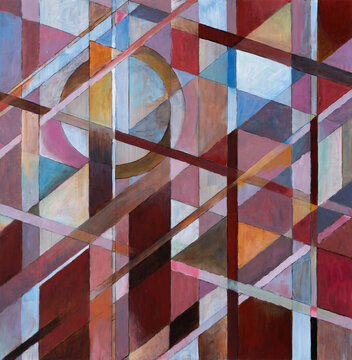 An abstract painting of verticals and diagonals. 