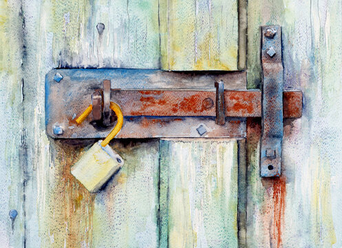 A watercolour painting of a rusty bolt on a barn door.