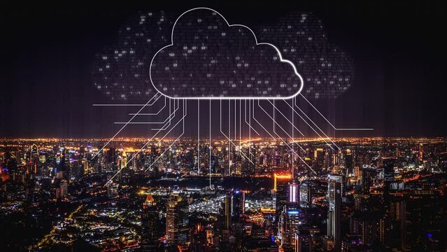 Cloud computing technology and online data storage for shrewd business network concept . Computer connects to internet server service for cloud data transfer presented in 3D futuristic graphic .