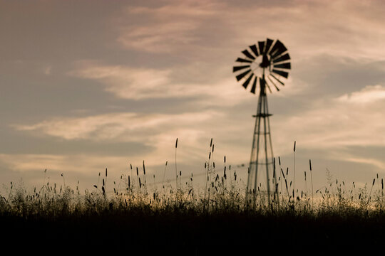 Windmill Landscape in field at rural farm 