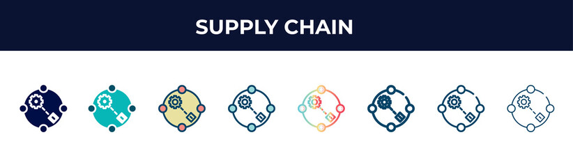 Fototapeta na wymiar supply chain vector icon in 8 different modern styles. black, two colored supply chain icons designed in filled, glyph, outline, line, stroke and gradient styles. vector illustration can be used for