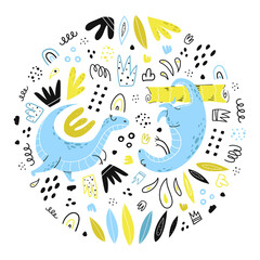 Fototapeta premium Dino. Cute dinosaurs hand-drawn in cartoon style. Doodle, flat, abstract, Scandinavian style. Isolated illustrations for children's clothing, books, postcards, design. Vector.