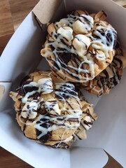 Shortbread chocolate cookies chocolate, marshmallows with nuts cookies. Unhealthy snack, your guilty pleasure. Lifestyle, authentic breakfast, sweet morning