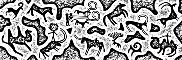 Panel on the ethnic theme. A series of petroglyphs, rock paintings, vector design. 