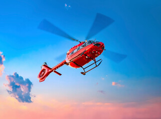 Fototapeta na wymiar Helicopter. Air transportation. Air ambulance. Red color helicopter in the air. Great photo on the theme of air medical service, air transportation, air ambulance, fast city transportation