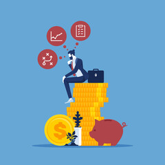 Businessman sitting on stack of coins and research market and search solutions and strategies during financial and economic crisis to avoid bankruptcy and ways of company business recovery