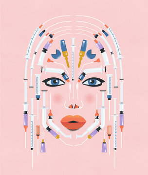 Beautiful Woman face made of syringes. Beauty industry