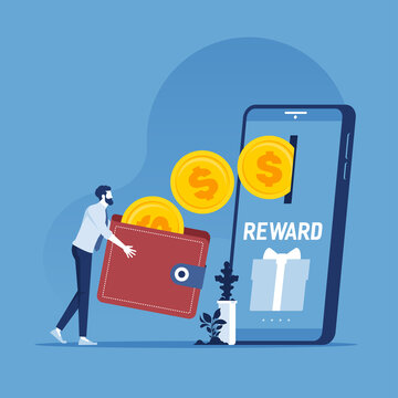 Cash back loyalty program concept. Vector of customers getting rewards and gifts from online shopping