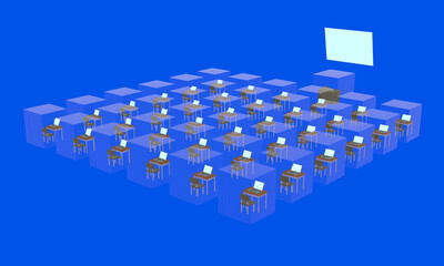 Obraz premium 透明アクリルボックスでウイルス感染症対策をした無人のパソコン教室。青背景。後方斜めから斜俯瞰。